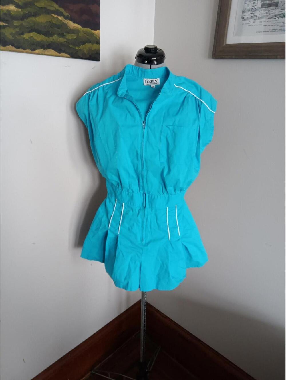80s Vintage Jumpsuit Playsuit, Blue Pleated Romper Katie's Sz 14 Sporty Flirty